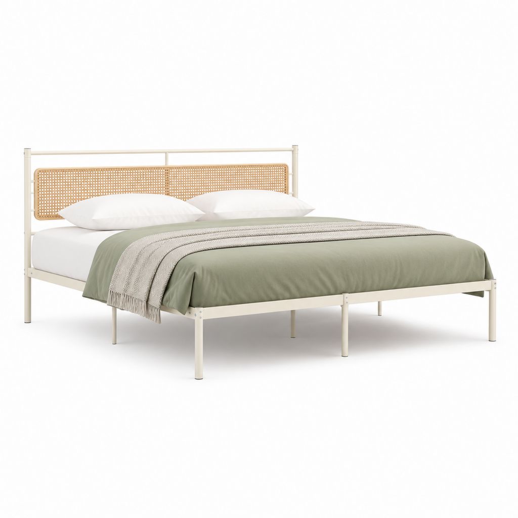 Letto matrimoniale 160 x 200 cm avorio in acciaio verniciato a polvere con testiera in rattan rettangolare