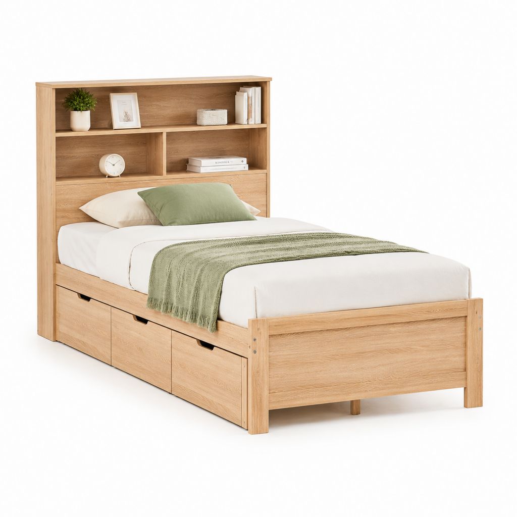 Letto singolo rettangolare con libreria e 3 cassetti rovere in pannelli di particelle 90 x 190 cm 198 x 102 x 165 cm