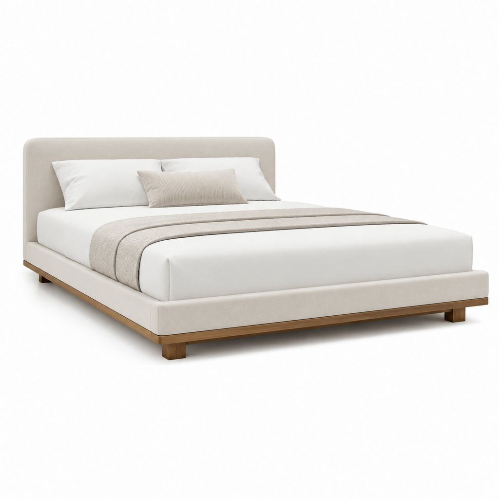 Letto matrimoniale imbottito rettangolare beige in poliestere e legno massello 160 x 200 cm