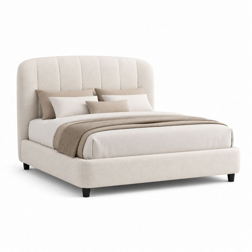 Letto matrimoniale imbottito beige in poliestere con testiera alta 160 x 200 cm