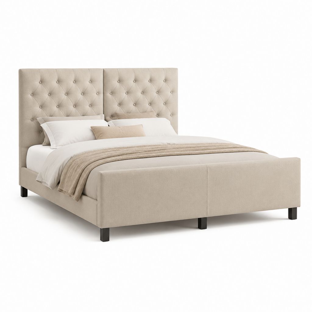 Letto matrimoniale imbottito beige in poliestere con testiera capitonné 160 x 200 cm