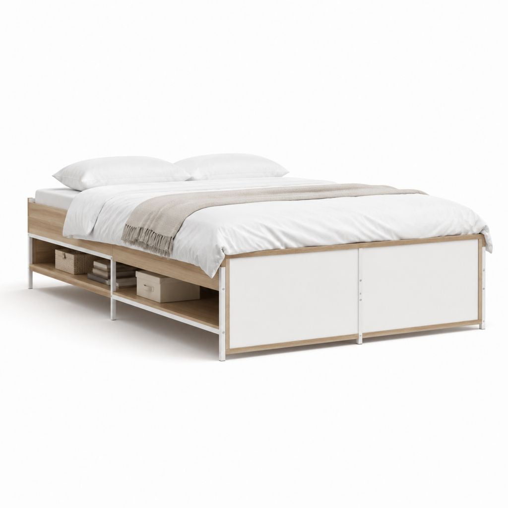 Letto matrimoniale rettangolare con vano contenitore bianco e rovere in MDF e acciaio 160 x 200 cm