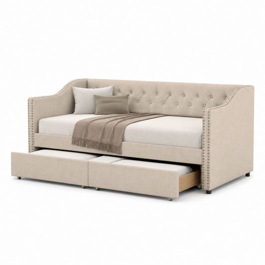 Letto singolo rettangolare con 2 cassetti estraibili beige in poliestere 218 x 102 x 86 cm