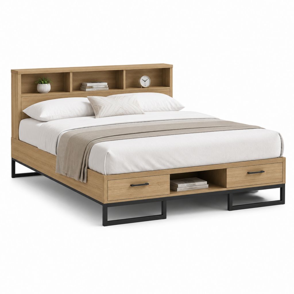 Letto matrimoniale 160 x 200 cm rovere con struttura in pannello truciolare e acciaio con cassetti