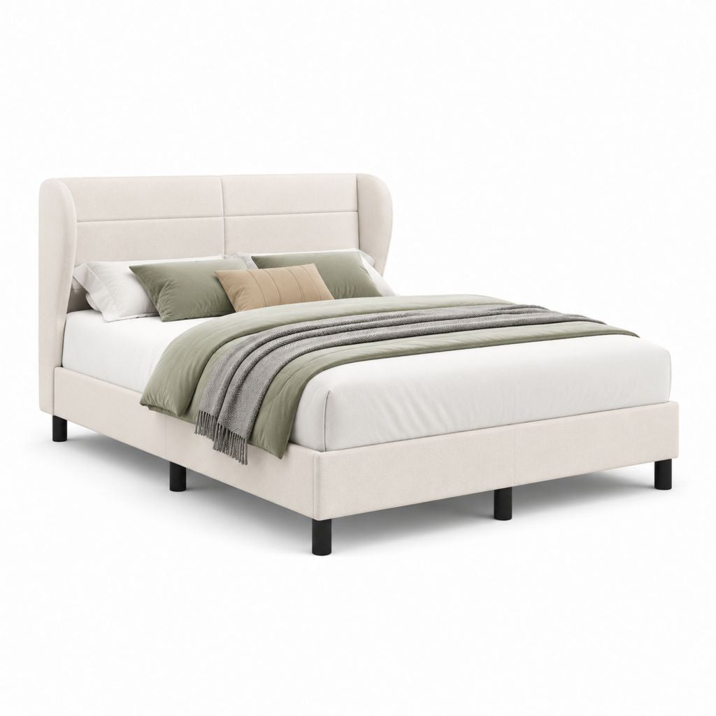 Letto matrimoniale imbottito beige in poliestere con testiera sagomata 176 x 218 x 112 cm per materasso 160 x 200 cm