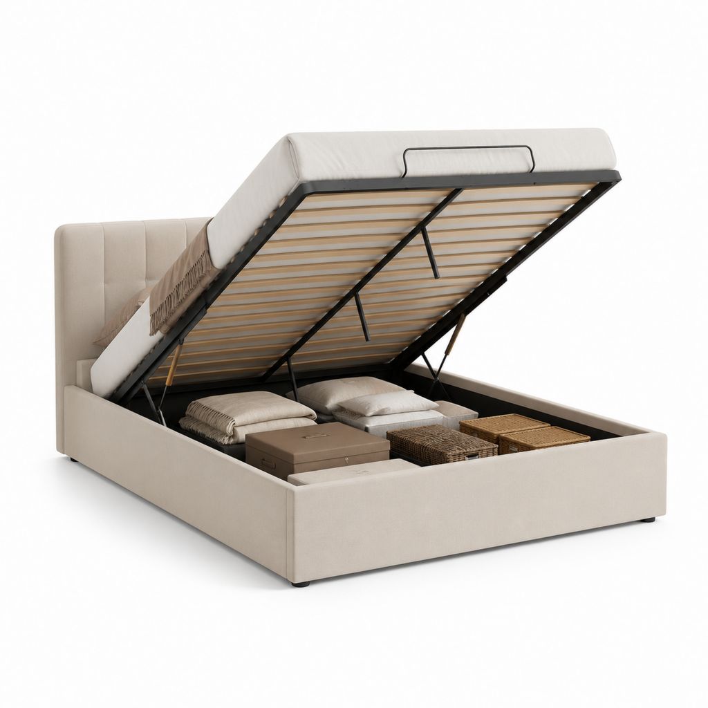 Letto contenitore matrimoniale beige in poliestere 171 x 213 x 110 cm per materasso 160 x 200 cm con rete a doghe