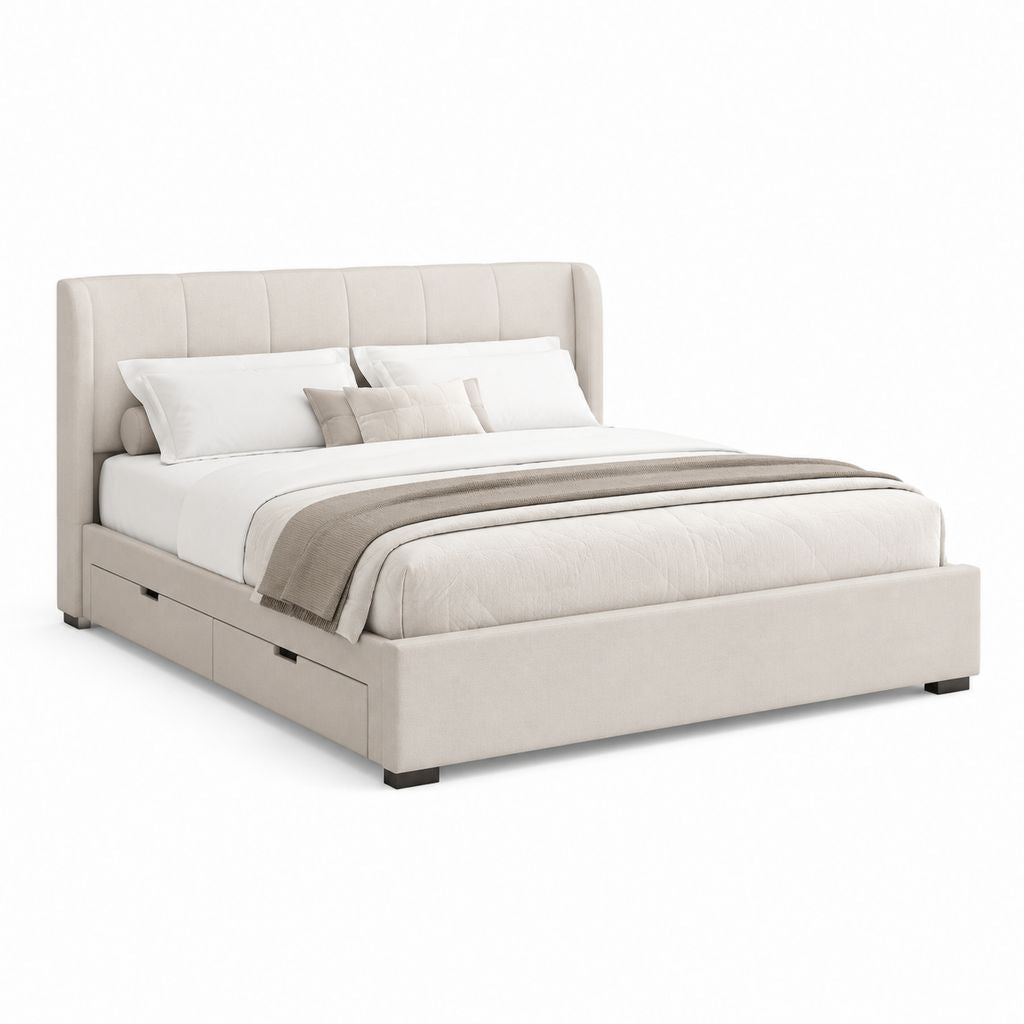 Letto contenitore matrimoniale beige in poliestere con testiera imbottita rettangolare 160 x 200 cm