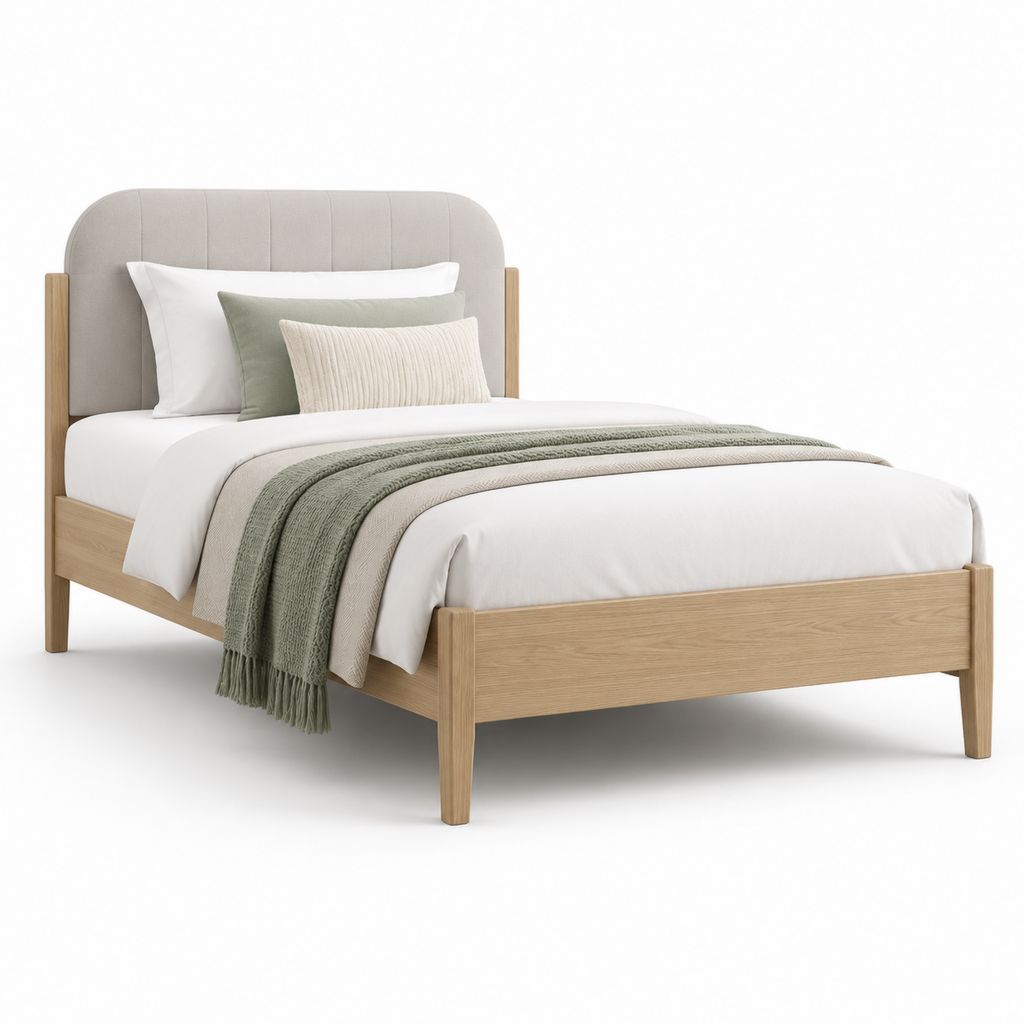 Letto matrimoniale con struttura in legno naturale e testiera imbottita grigio chiaro 160 x 200 cm