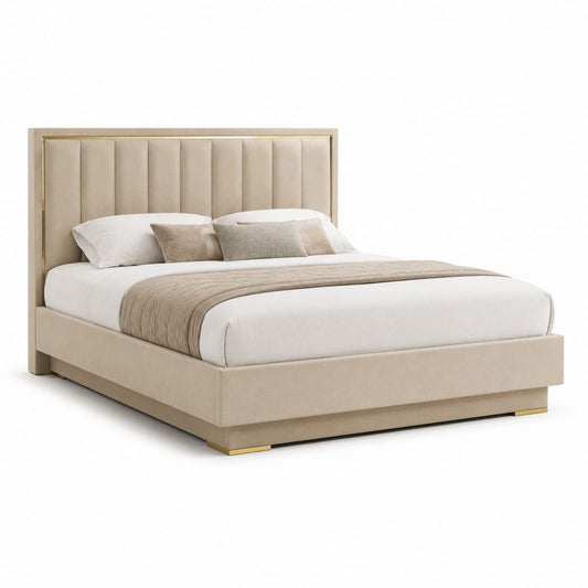 Letto matrimoniale imbottito beige in poliestere con testiera verticale 160 x 200 cm