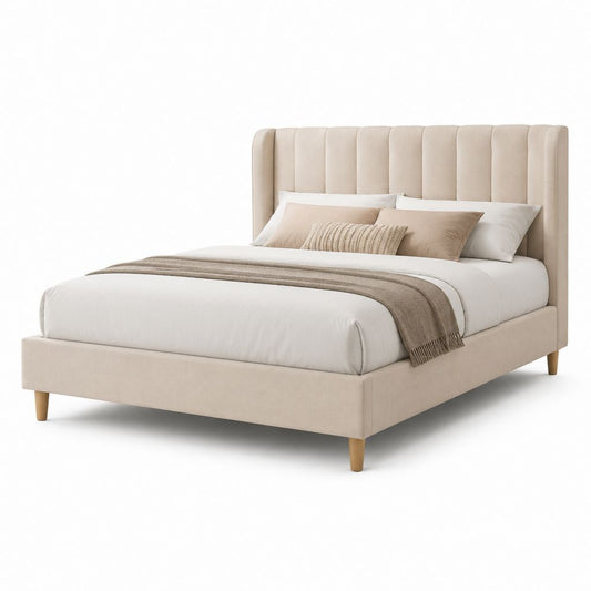 Letto matrimoniale imbottito beige in poliestere con testiera rettangolare 160 x 200 cm