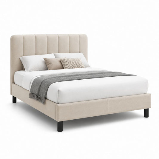 Letto matrimoniale imbottito beige in poliestere con testiera alta rettangolare 160x200 cm