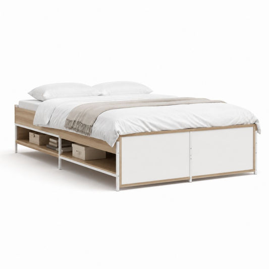 Letto matrimoniale rettangolare con vano contenitore bianco e rovere in MDF e acciaio 160 x 200 cm