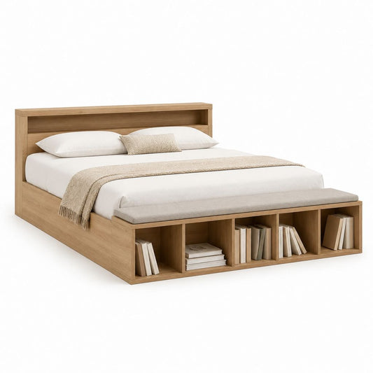 Letto matrimoniale con libreria e panca rovere MDF 160 x 200 cm