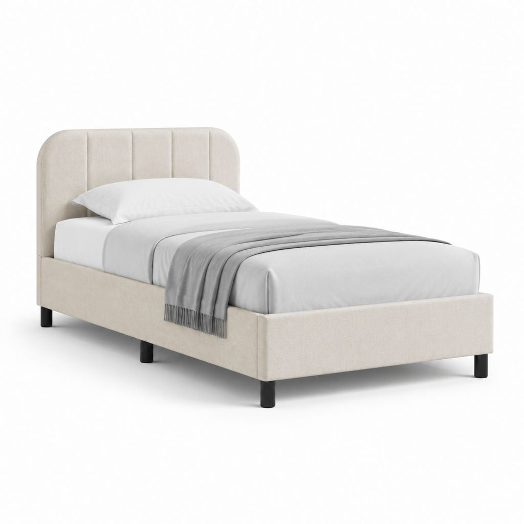 Letto singolo imbottito beige in poliestere con testiera 90 x 200 cm