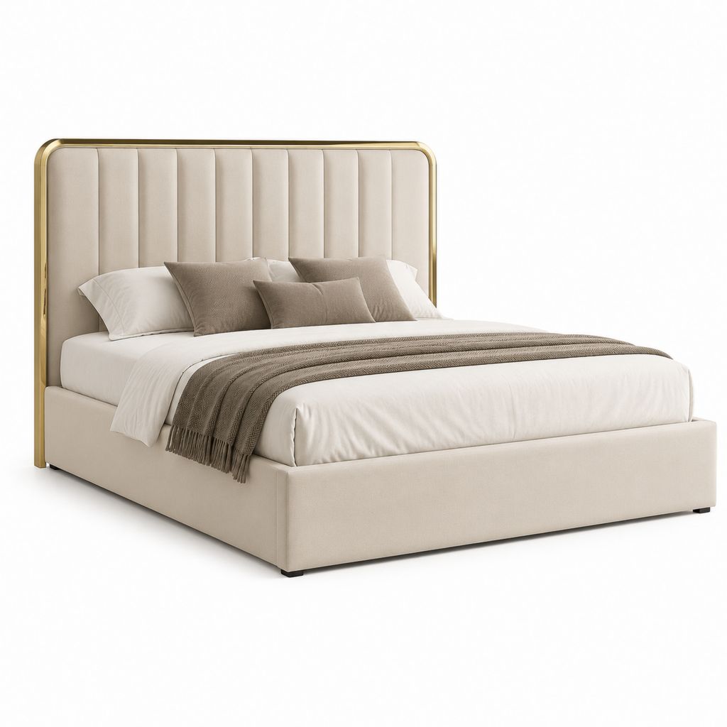 Letto matrimoniale imbottito beige in poliestere con testiera alta e profilo dorato 160 x 200 cm
