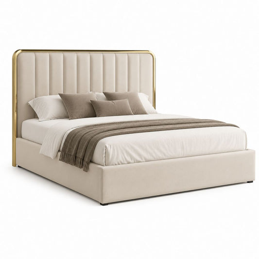 Letto matrimoniale imbottito beige in poliestere con testiera alta e profilo dorato 160 x 200 cm